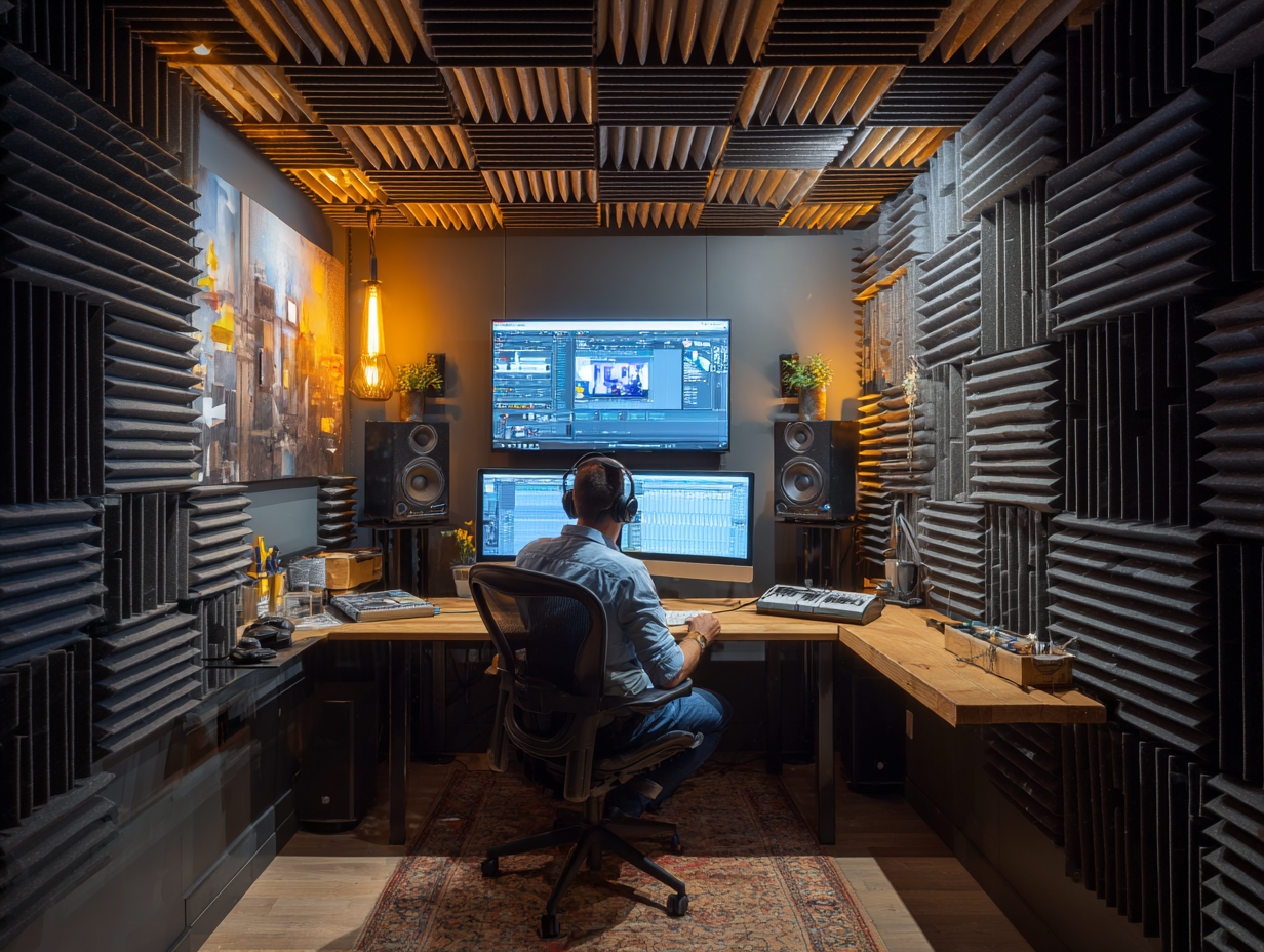 Audio engineer working in a fully soundproofed recording studio with acoustic foam panels.